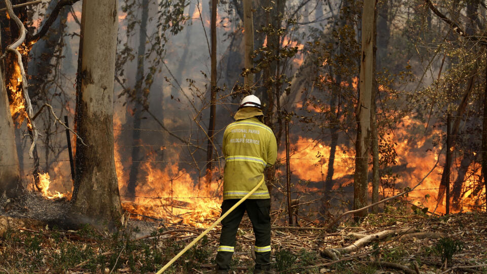 Na snímke hasenie lesného požiaru v Koorainghate v austrálskom štáte Nový Južný Wales (NSW) 12. novembra 2019.