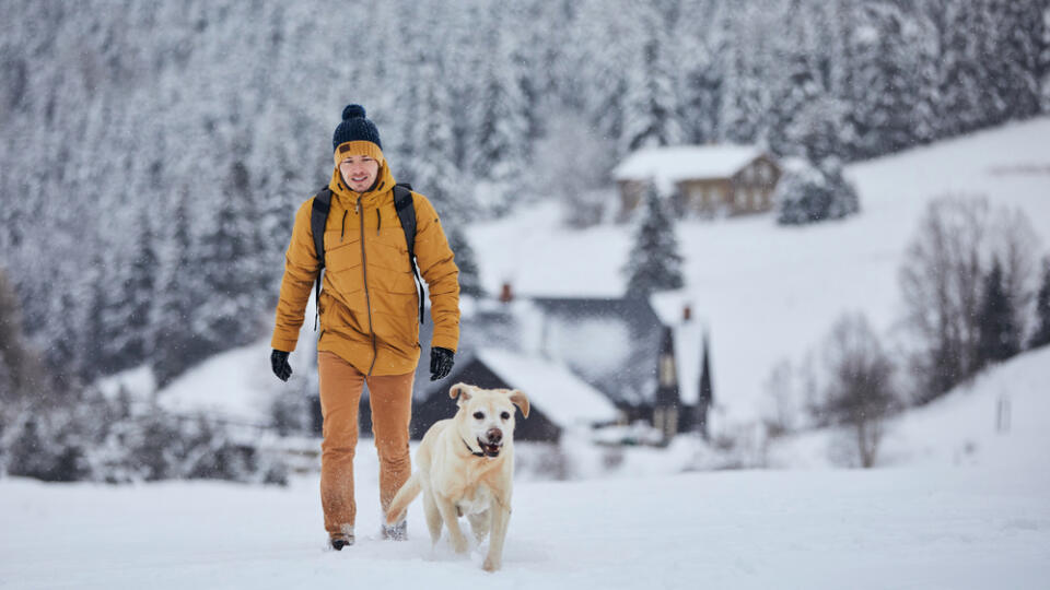 Young,Man,With,Dog,In,Winter.,Pet,Owner,With,His