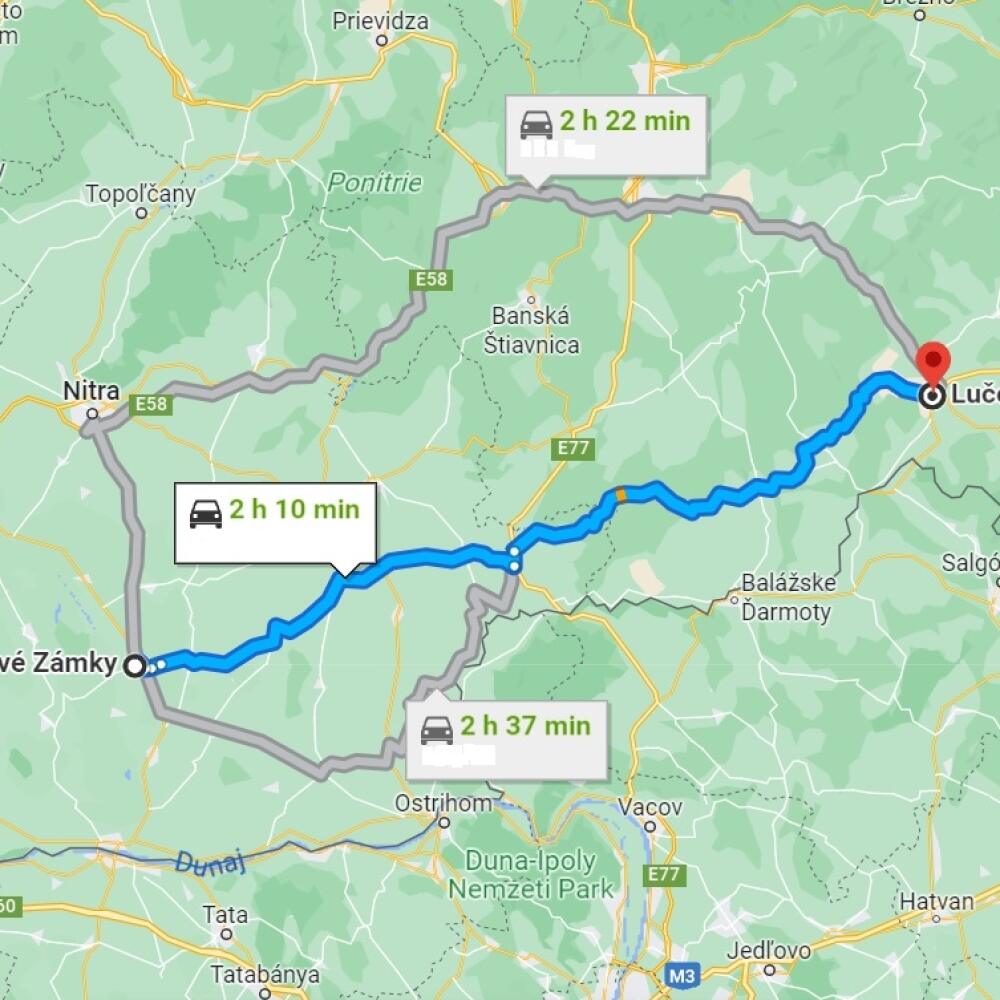 Najrýchlejšia trasa medzi Novými Zámkami a Lučencom ( podľa Google Maps).
