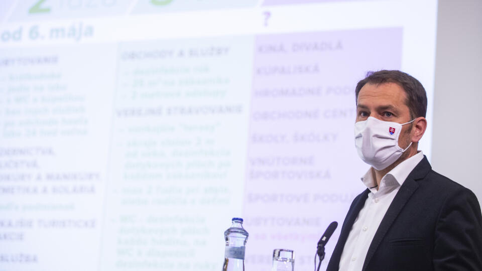 Na snímke predseda vlády SR Igor Matovič (OĽaNO) počas tlačovej konferencie po stretnutí s konzíliom odborníkov – epidemiológov na tému: Druhú vlnu epidémie si nemôžeme dovoliť 4. mája 2020 v Bratislave. FOTO TASR - Jakub Kotian