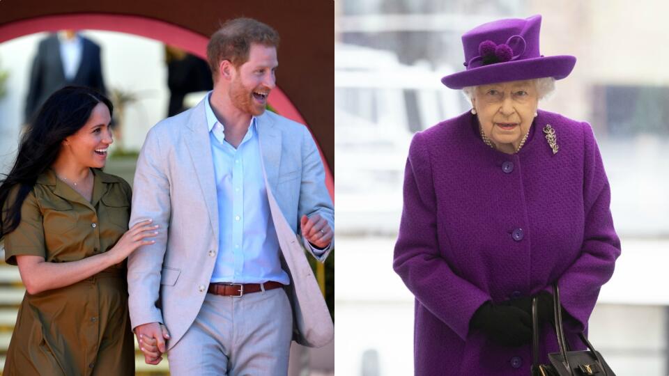 Zľava: vojvodkyňa Meghan, princ Harry a kráľovná Alžbeta II.