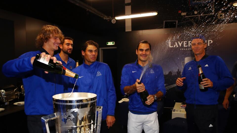 PRAGUE, CZECH REPUBLIC - SEPTEMBER 24:  Alexander Zverev, Rafael Nadal, Roger Federer and Tomas Berdych of Team Europe drink champagne after winning the Laver Cup on the final day of the Laver cup on September 24, 2017 in Prague, Czech Republic. The Laver Cup consists of six European players competing against their counterparts from the rest of the World. Europe will be captained by Bjorn Borg and John McEnroe will captain the Rest of the World team. The event runs from 22-24 September.  (Photo 