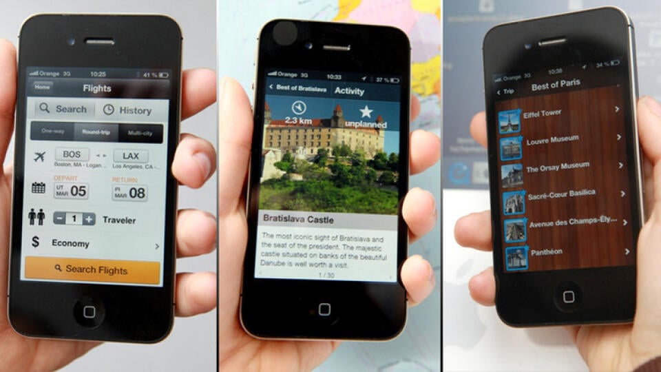 Aplikácie v iPhone vám umožnia nájsť najlacnejší let,
rezervovať hotel a budú vás aj navigovať
zložitými letiskovými terminálmi.