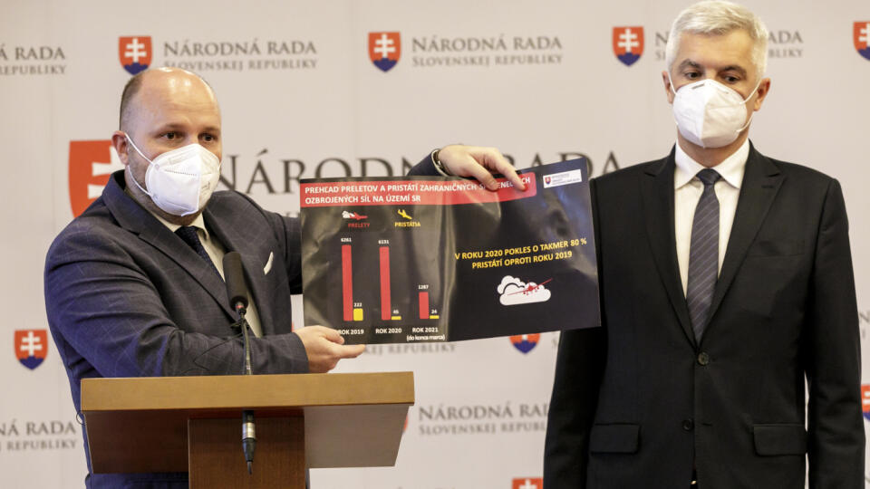 Na snímke zľava minister obrany SR Jaroslav Naď a minister zahraničných vecí a európskych záležitostí SR Ivan Korčok počas tlačovej konferencie po mimoriadnej schôdzi Výboru Národnej rady SR pre obranu a bezpečnosť v Bratislave 12. apríla 2021. FOTO TASR – Dano Veselský