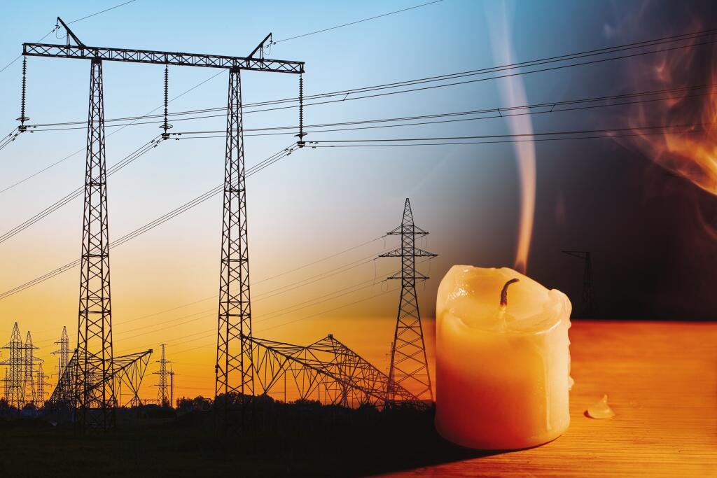 Extinguished,Candle,And,Power,Lines,On,Background.,Energy,Outage,And