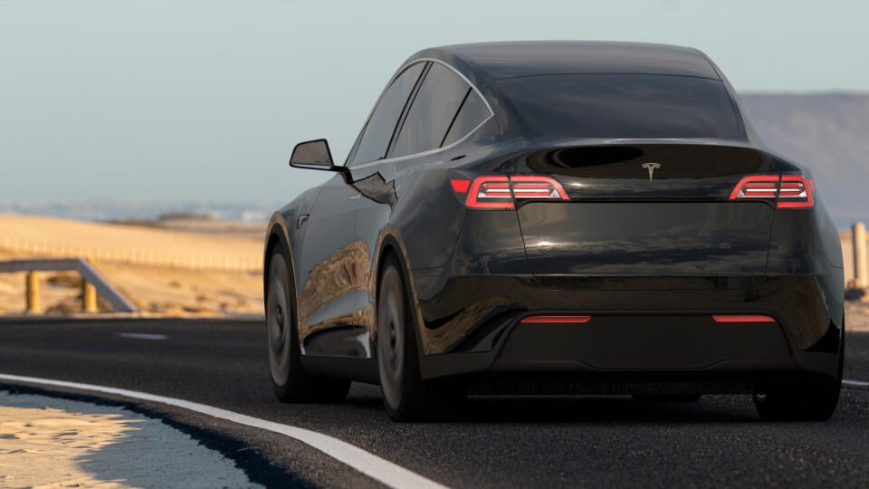 Fuerteventura,spain-january,2020:tesla,Model,Y,While,Driving,Fast,Along,The,Road