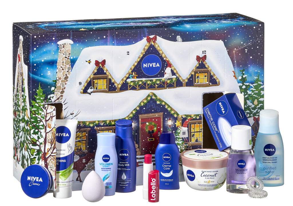 Veľký box s okienkami plnými ošetrujúcej, zvláčňujúcej kozmetiky a doplnkov, ktoré v zime potrebujete ako soľ. 34,99 €, Nivea