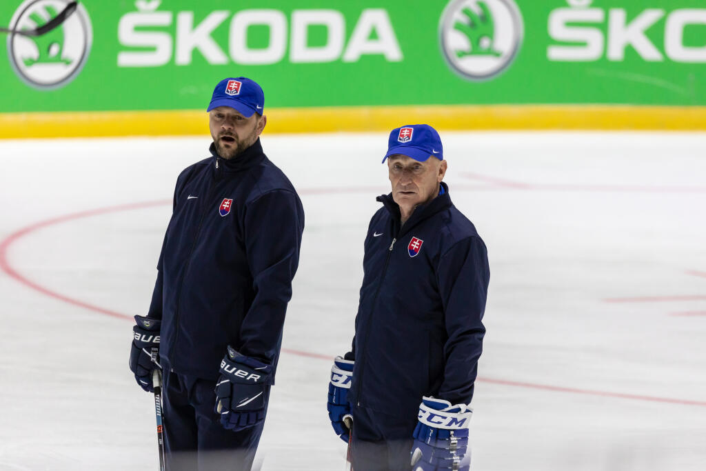 Prvý tréning slovenskej hokejovej reprezentácie v helsinskej hale Ice Hall pred zápasom s Francúzskom. Na snímke je Andrej Podkonický a Craig Ramsay.