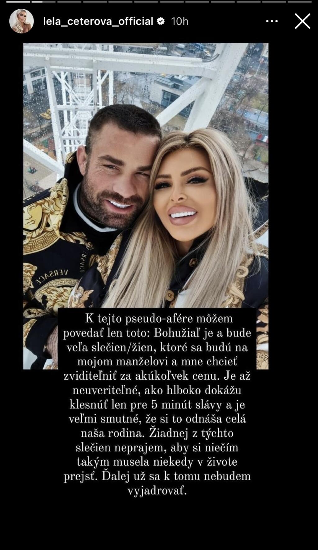 Vémolova Lela sa svojho manžela na začiatku kauzy najskôr zastala. Údajnej milenke poslala veľavravný odkaz prostredníctvom stories na Instagrame.