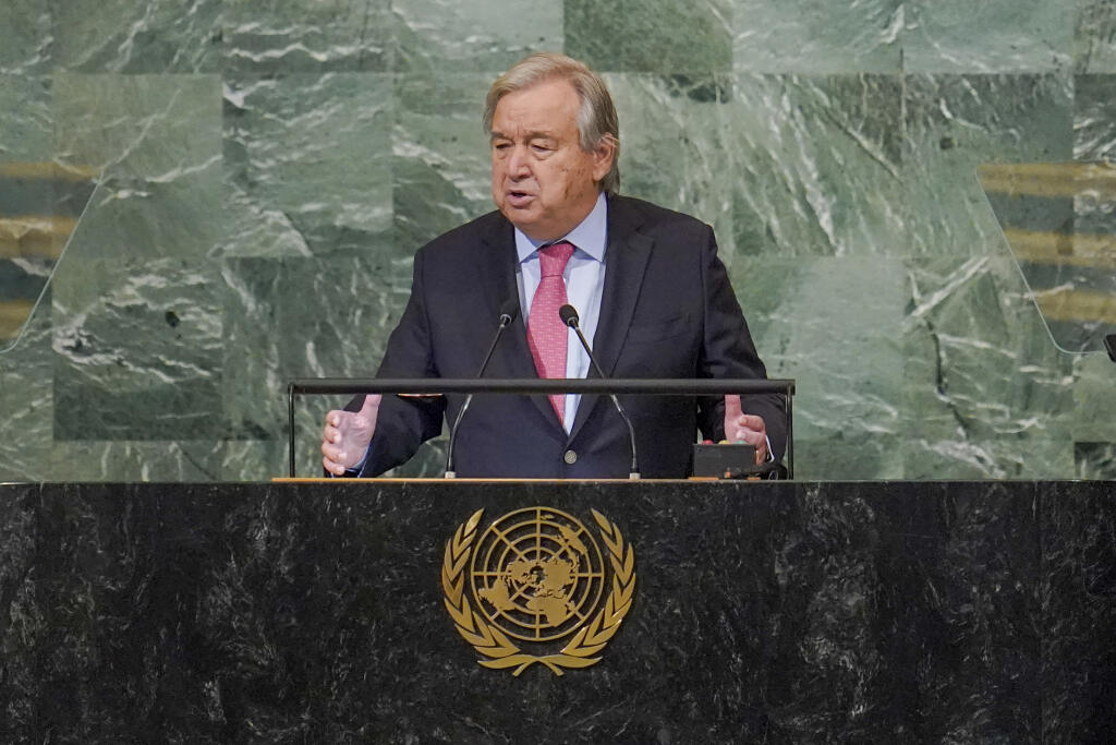KK6 New York - Generálny tajomník OSN Antonio Guterres hovorí  na 77. Valnom zhromaždení OSN 20. septembra 2022 v New Yorku. FOTO TASR/AP
United Nations Secretary-General Antonio Guterres addresses the 77th session of the General Assembly at U.N. headquarters Tuesday, Sept. 20, 2022. (AP Photo/Mary Altaffer)
