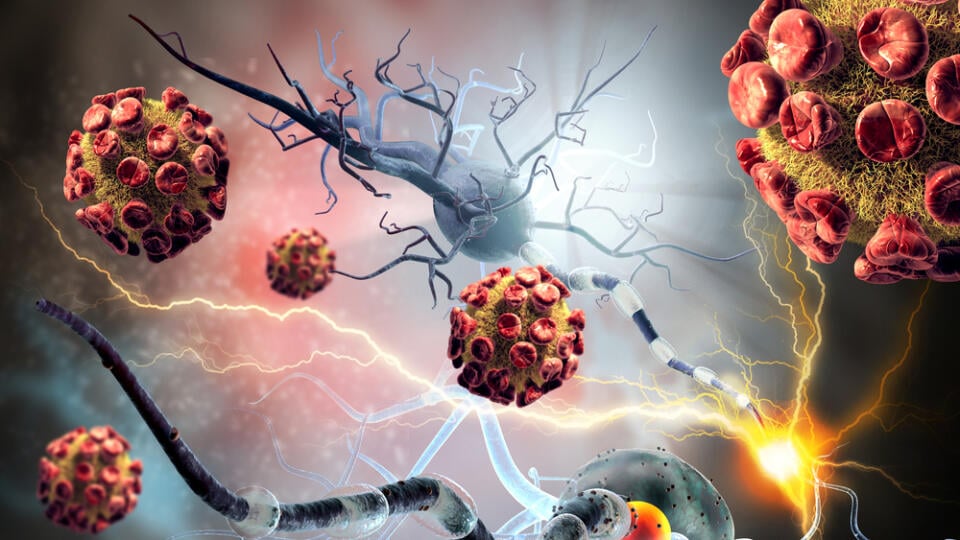 3d,Illustration,Of,Nerve,Cells.,Viruses,Attacking,Nerve,Cells,,Concept