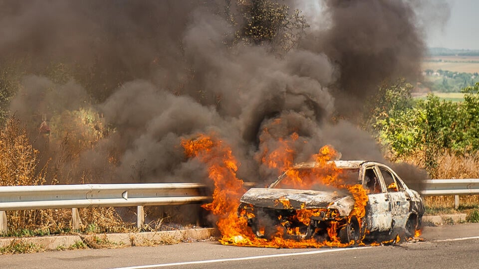 Burning,Car,On,The,Road.,Vehicle,Car,On,Fire,Accident,