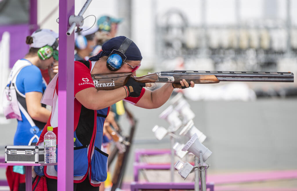 Na snímke slovenská reprezentantka v športovej streľbe Zuzana Rehák-Štefečeková počas prvého dňa kvalifikácie trapu žien na XXXII. letných olympijských hrách v Tokiu v stredu 28. júla 2021. FOTO TASR - Martin Baumann