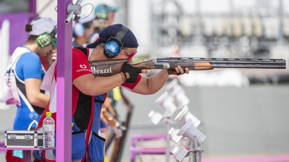 Na snímke slovenská reprezentantka v športovej streľbe Zuzana Rehák-Štefečeková počas prvého dňa kvalifikácie trapu žien na XXXII. letných olympijských hrách v Tokiu v stredu 28. júla 2021.  FOTO TASR - Martin Baumann 