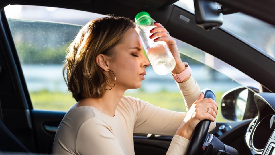 Exhausted,Woman,Driver,Feeling,Headache,,Sitting,Inside,Her,Car,,Applies