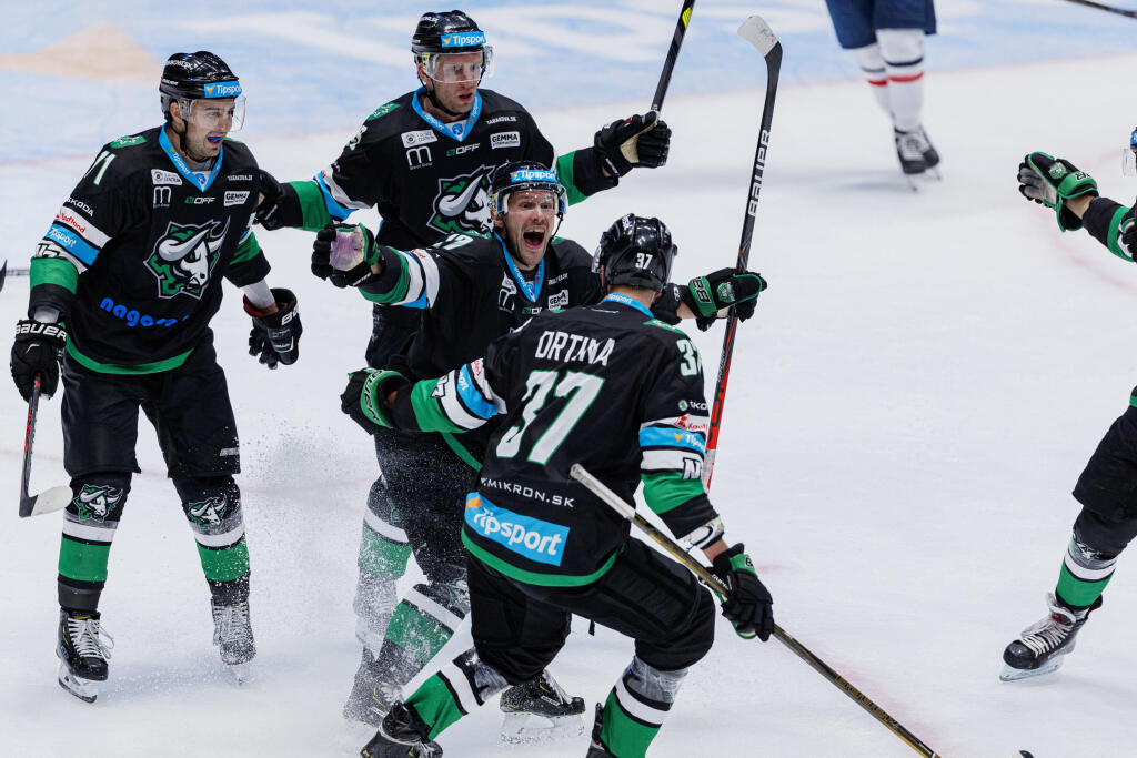 Na snímke gólová radosť hráčov Nových Zámkov počas zápasu 3. kola Tipsport ligy medzi HC Slovan Bratislava a HC Mikron Nové Zámky. Slovan sa v tomto zápase predstavil prvýkrát pred domácim publikom po návrate do najvyššej slovenskej hokejovej súťaže.
