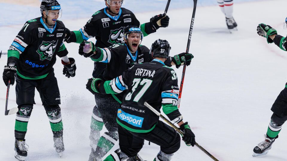 Na snímke gólová radosť hráčov Nových Zámkov počas zápasu 3. kola Tipsport ligy medzi HC Slovan Bratislava a HC Mikron Nové Zámky. Slovan sa v tomto zápase predstavil prvýkrát pred domácim publikom po návrate do najvyššej slovenskej hokejovej súťaže.