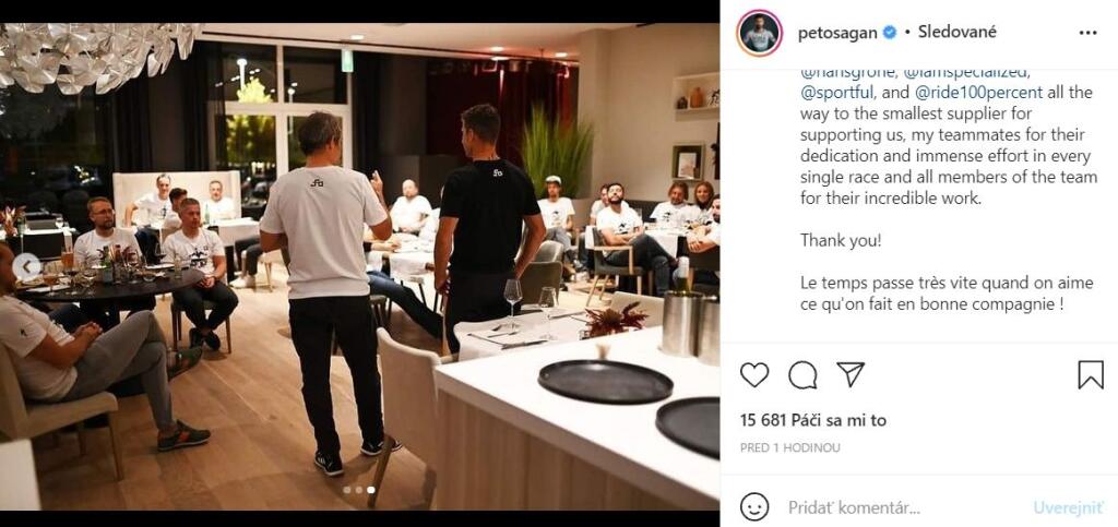 Peter Sagan s Ralphom Denkom počas rozlúčkovej večere s tímom Bora Hansgrohe.