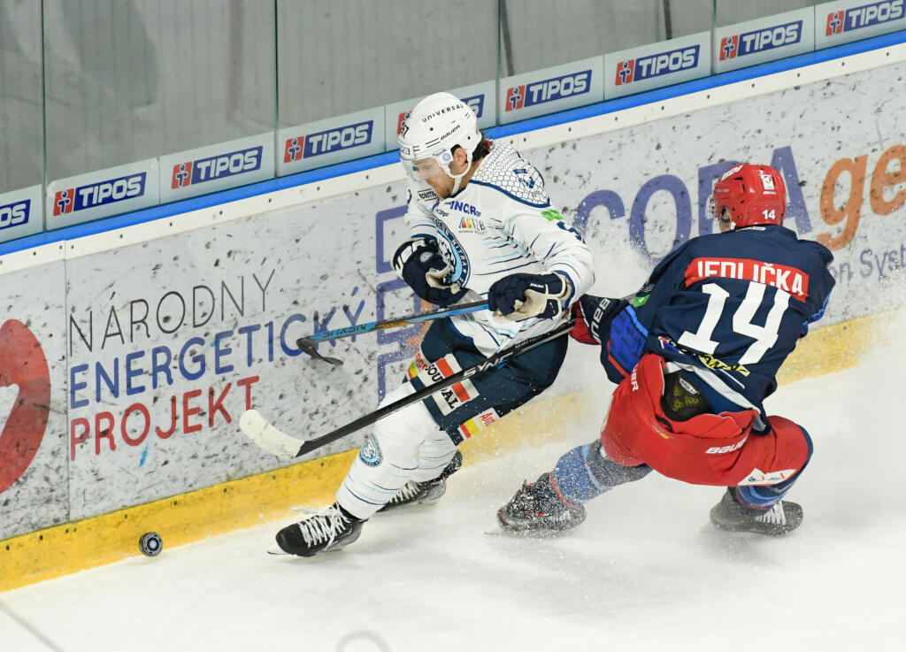Na snímke zľava Macoy Erkamps (Nitra) a Maroš Jedlička (Zvolen) bojujú o puk v zápase 20. kola hokejovej Tipos extraligy medzi HK Nitra a HKM Zvolen v Nitre v piatok 25. novembra 2022.