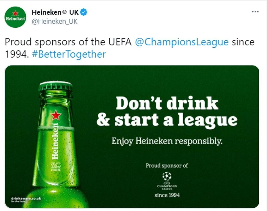 Dlhoročný sponzor Ligy majstrov Heineken vtipne reagoval.