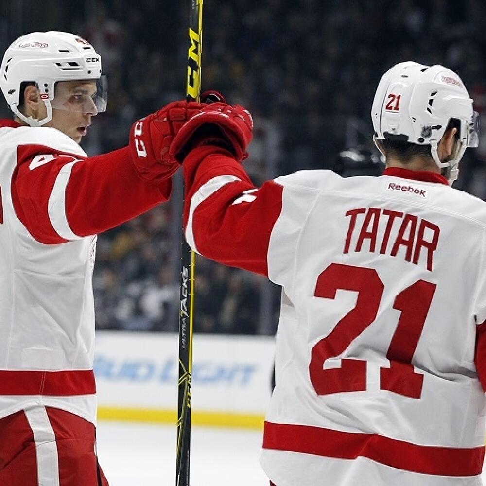 Na snímke slovenský útočník Detroitu Tomáš Tatar oslavuje svojho spoluhráča Alexeja Marčenka (vľavo) v zápase hokejovej NHL Detroit Red Wings - Los Angeles Kings