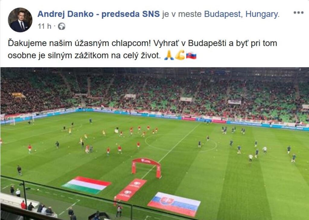 Kapitán Danko však na reprezentačný futbal nezanevrel a objavil sa aj na tribúne Groupama Areny počas zápasu s Maďarskom. „Ďakujeme našim úžasným chlapcom! Vyhrať v Budapešti a byť pri tom osobne je silným zážitkom na celý život,“ napísal predseda Slovenskej národnej strany na facebooku.