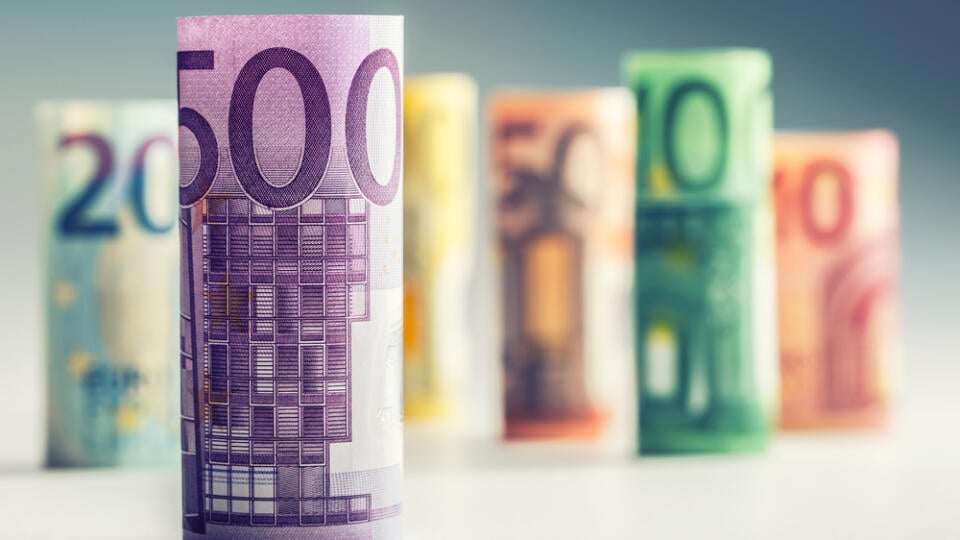 Several,Hundred,Rolls,Of,Euro,Banknotes,In,Different,Positions.