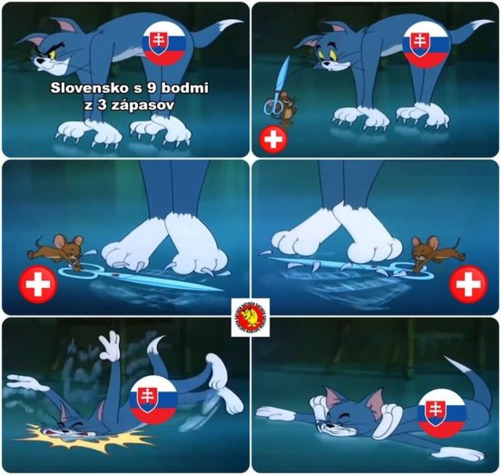 Slovenskí hokejisti vyfasovali následne osemgólový debakel od Švajčiarska. Okrem hokejistov to vo vtipoch schytali aj rozhodcovia, ktorí vylučovali jedného Slováka za druhým.