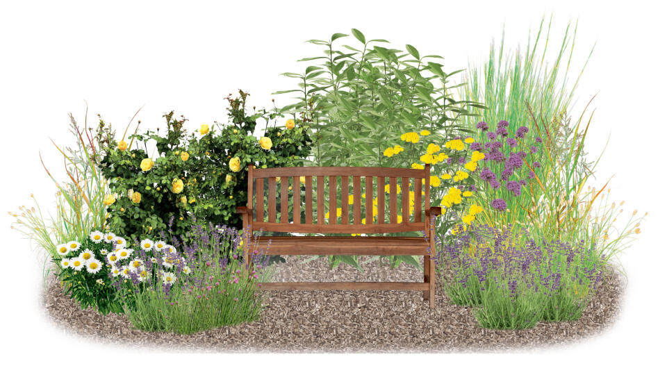 Záhon s aromatickými rastlinami doplňte lavičkou.