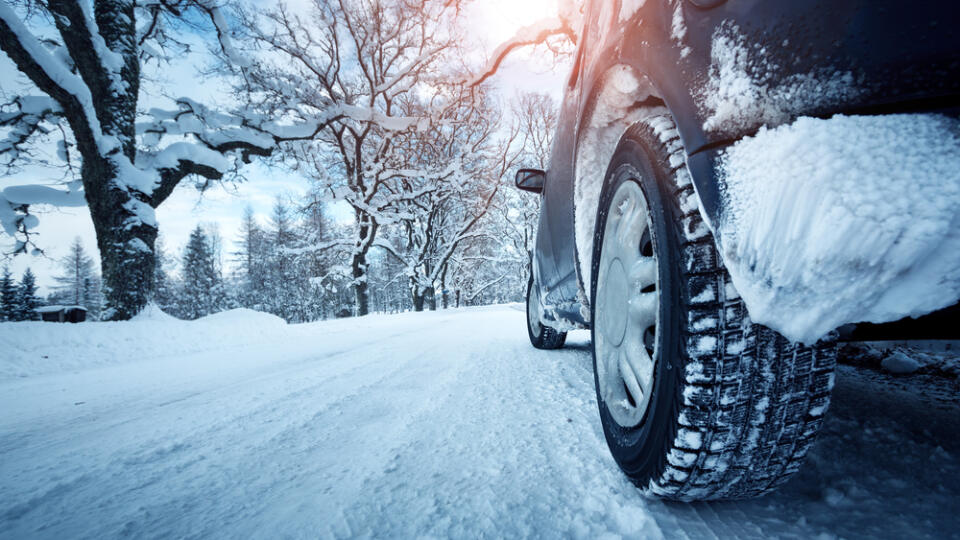 Car,Tires,On,Winter,Road,Covered,With,Snow