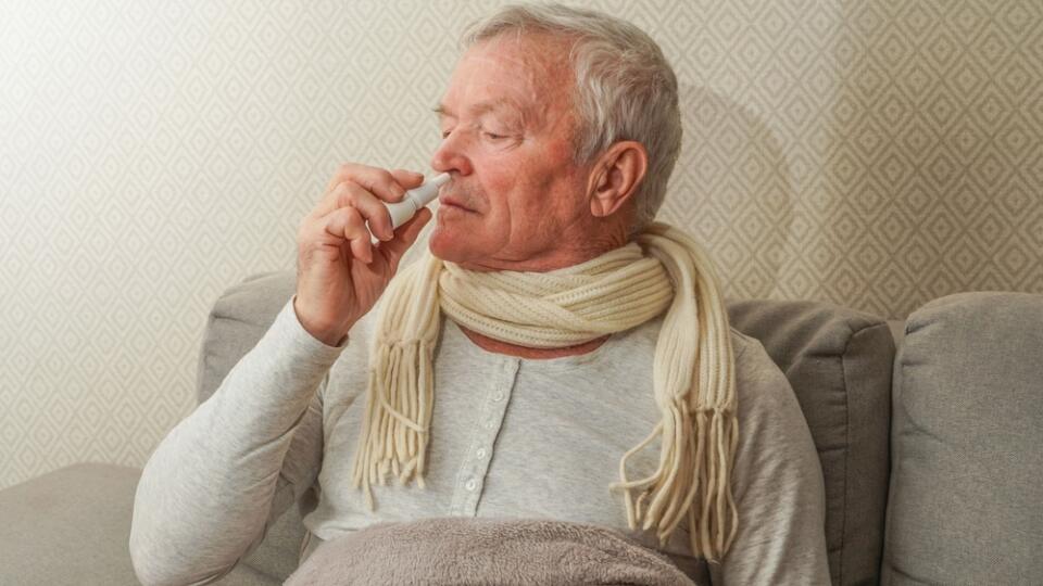 Mature,Man,Using,A,Nasal,Spray,At,Home.,Senior,Male