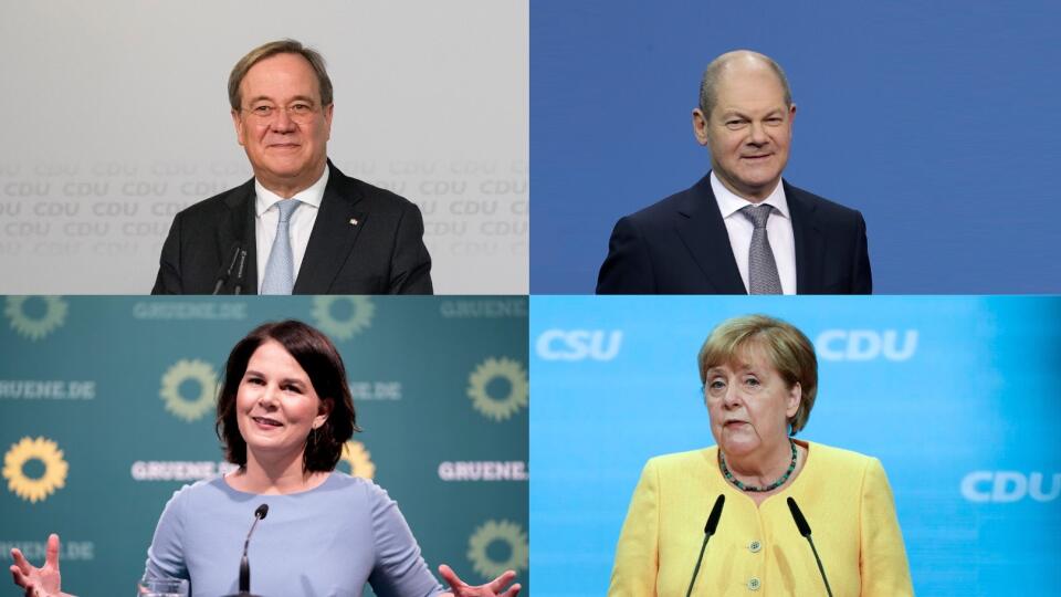 Armin Laschet (CDU), Olaf Scholz (SPD), Annalen Baerbocková (Zelení), kancelárka Angela Merkelová (CDU)