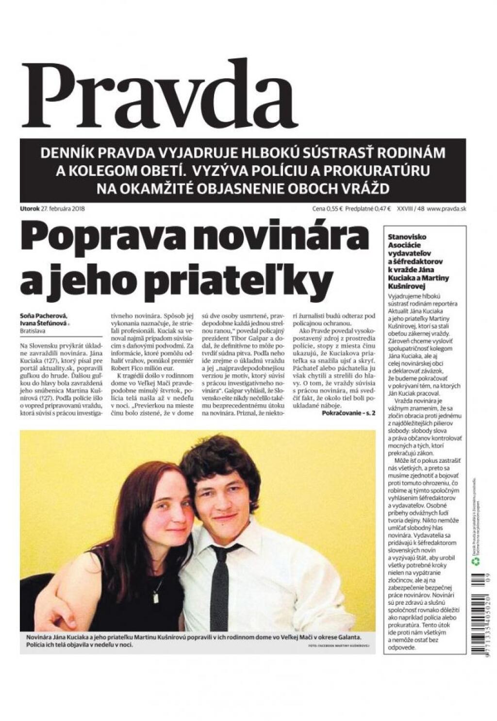 Denníky vyšli po vražde novinára s čiernobielymi titulkami