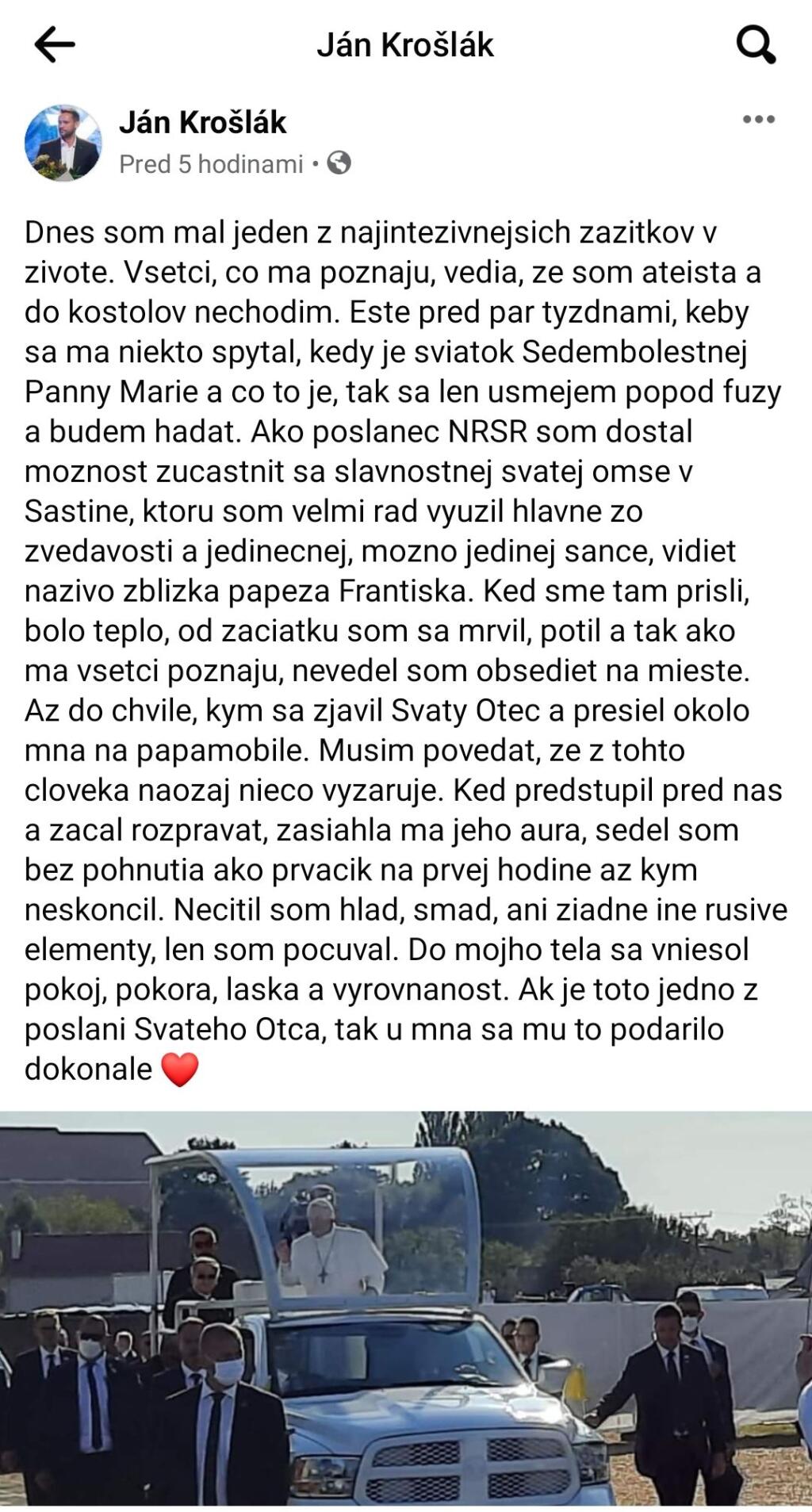 Takto to celé začalo. Ján Krošlák opísal na FB svoje pocity z návštevy pápeža Františka na Slovensku.
