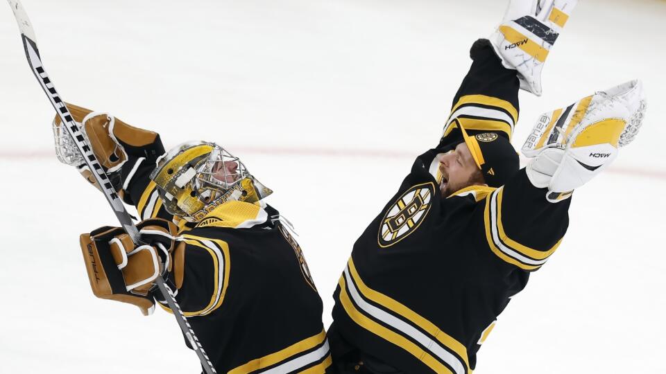 Brankár Bostonu Bruins Ullmark strelil gól cez celé klzisko.