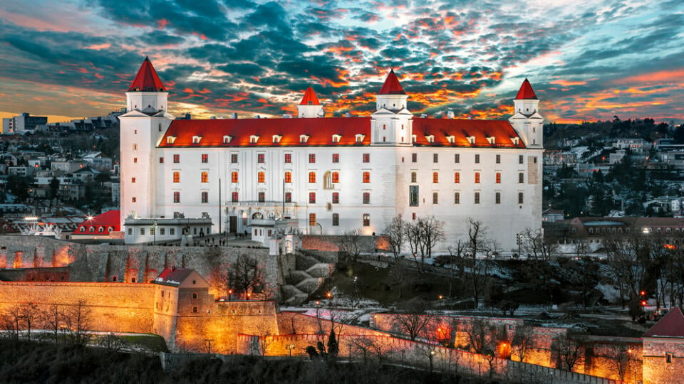 Bratislava,Castle,On,The,Hill,Over,Danube,River,After,Sunset