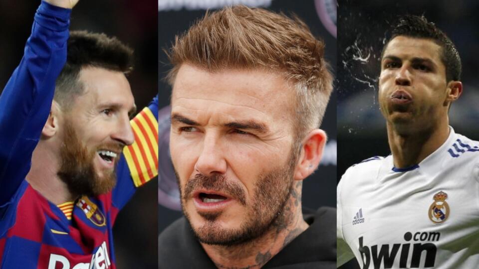 Zľava Lionel Messi, David Beckham a Cristiano Ronaldo