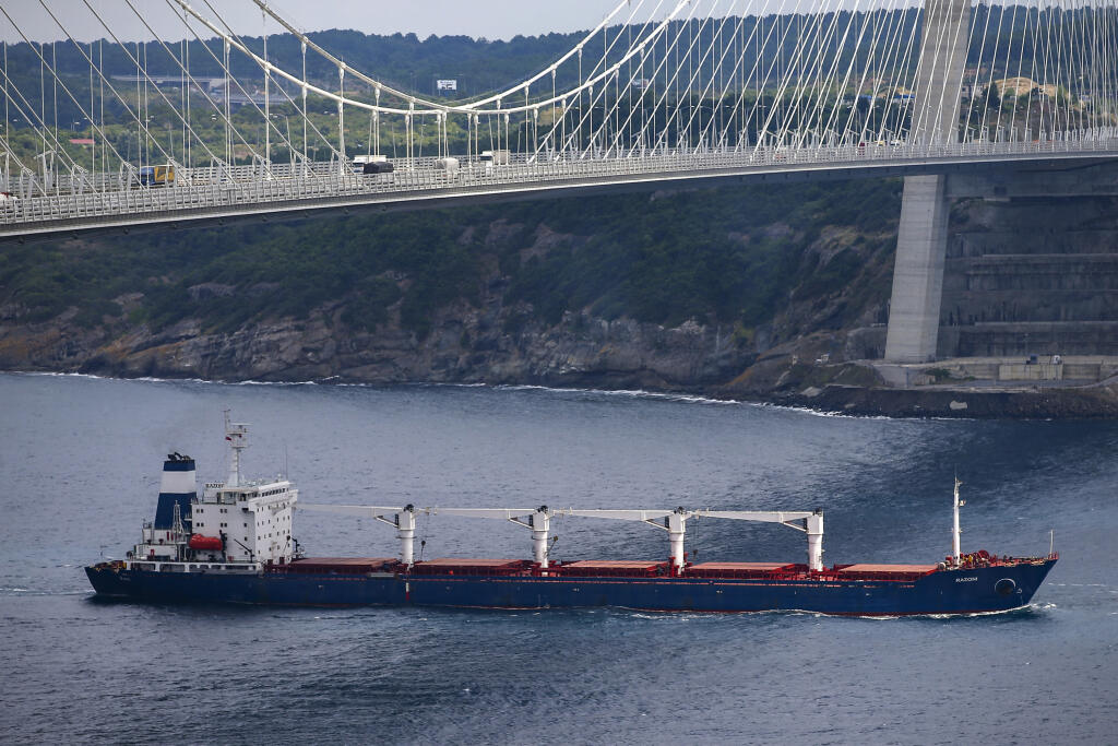 KK44 Istanbul - Nákladná loď Razoni sa plaví cez Bosporský prieliv po kontrole inšpektorov z koordinačného centra v Istanbule 3. augusta 2022.  Inšpektori z koordinačného centra v Istanbule skontrolovali v stredu náklad lode, ktorá ako vôbec prvá od začiatku ruskej invázie prepravuje obilniny z Ukrajiny. Predstavitelia Ukrajiny, Ruska, Turecka a OSN zisťovali, či náklad lode korešponduje s dohodou zameranou na obnovenie vývozu ukrajinského obilia, ktorú koncom júla dosiahli Kyjev s Moskvou. FOTO