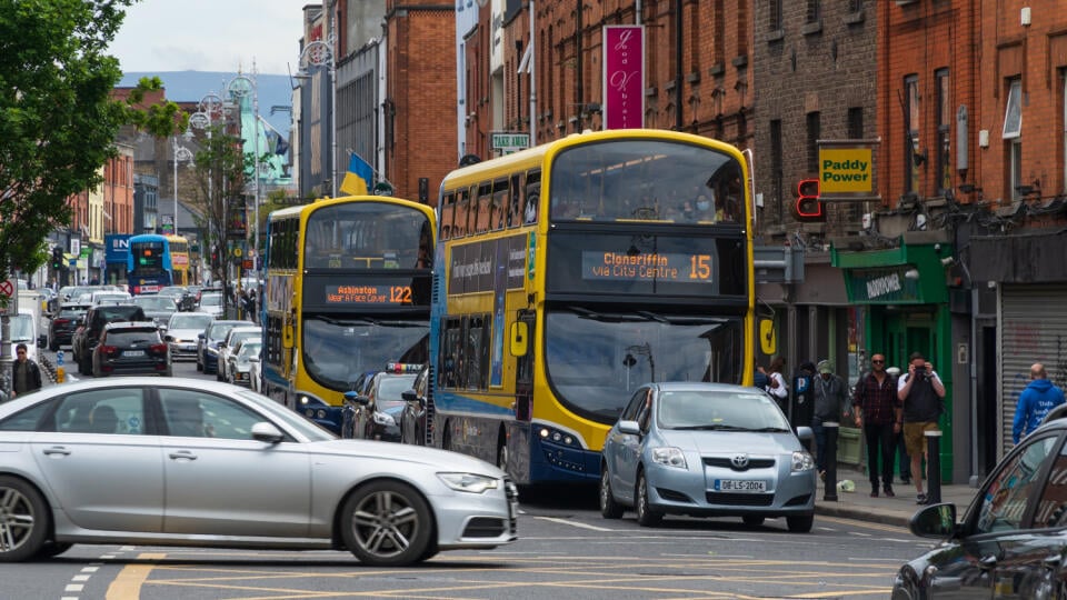 Dublin, Ireland - May 2021 : The streets of Dublin full of cars stuck in heavy traffic jam.