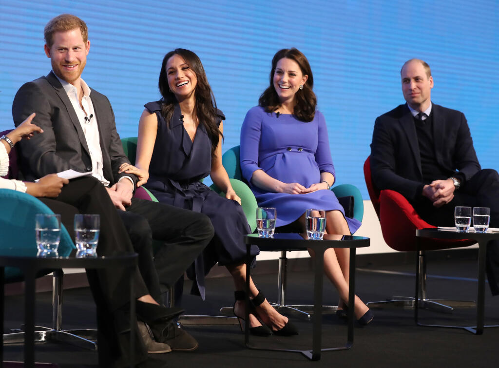 LONDON, ENGLAND - FEBRUARY 28: Prince Harry, Meghan Markle, Catherine, Duchess of Cambridge and Prince William, Duke of Cambridge attend the first annual Royal Foundation Forum held at Aviva on February 28, 2018 in London, England. Under the theme 'Making a Difference Together', the event will showcase the programmes run or initiated by The Royal Foundation. (Photo by Chris Jackson - WPA Pool/Getty Images)