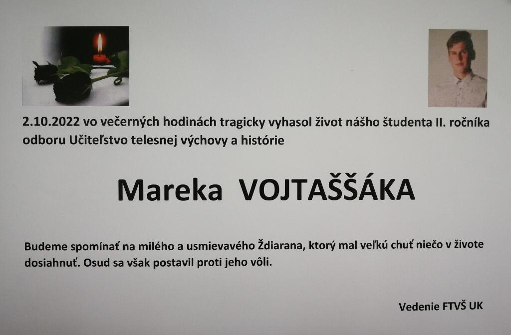 Vedenie FTVŠ uverejnilo na sociálnej sieti spomienku na vynikajúceho študenta Mareka.