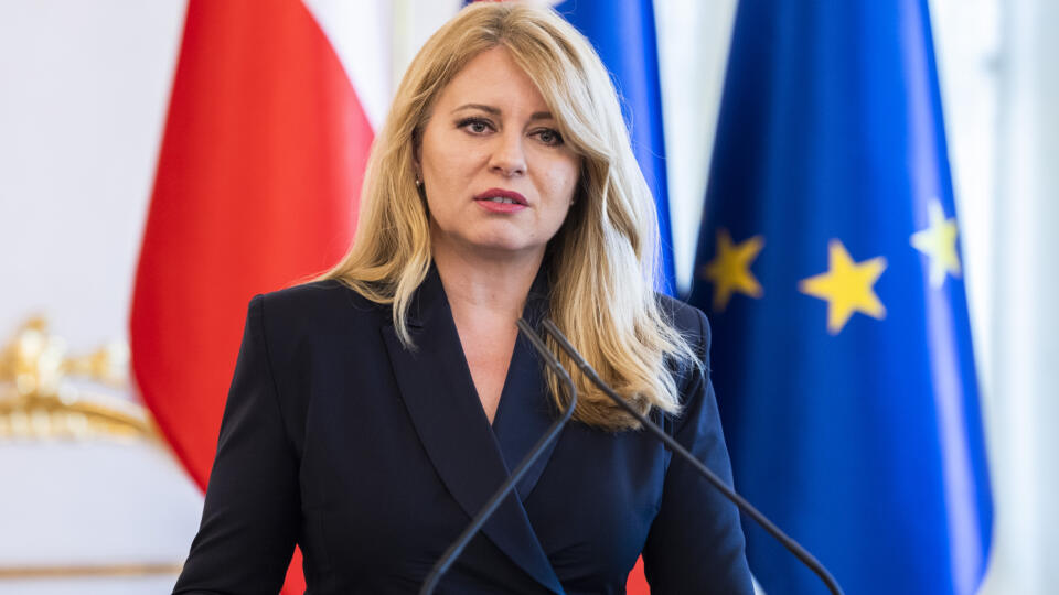 Na snímke prezidentka SR Zuzana Čaputová počas tlačovej konferencie s poľským prezidentom Andrzejom Dudom 11. mája 2022 v Prezidentskom paláci v Bratislave. FOTO TASR - Jaroslav Novák