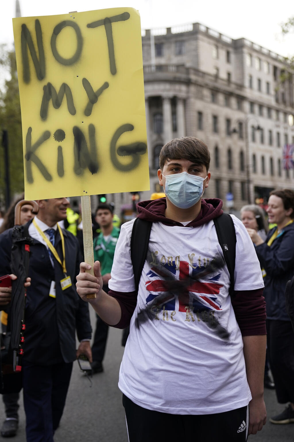Protesters against the monarchy hold a banner on the coronation day of the British King Charles III.  and Kamila on May 6, 2023 in London.