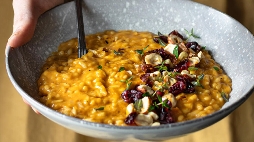 Pumpkin,Risotto,With,Hazelnuts,And,Cranberries