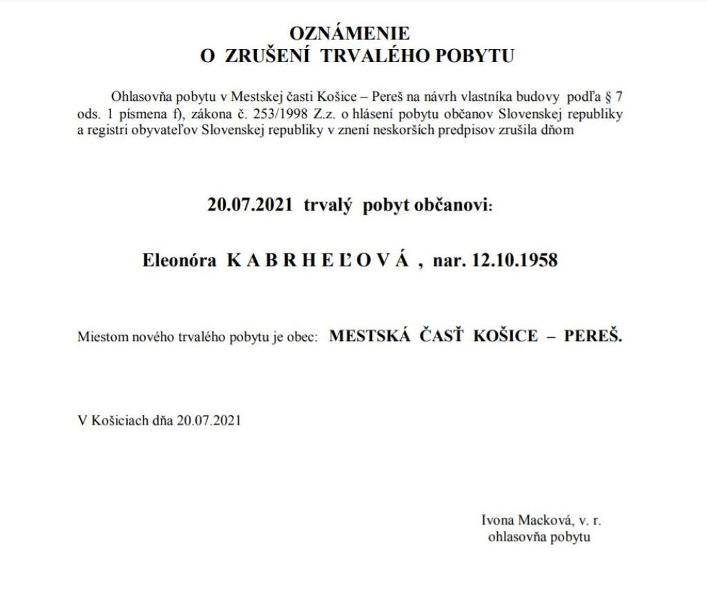 Oznámenie o zrušení trvalého pobytu Nory Kabrheľovej na webovej stránke MÚ MČ Košice - Pereš.