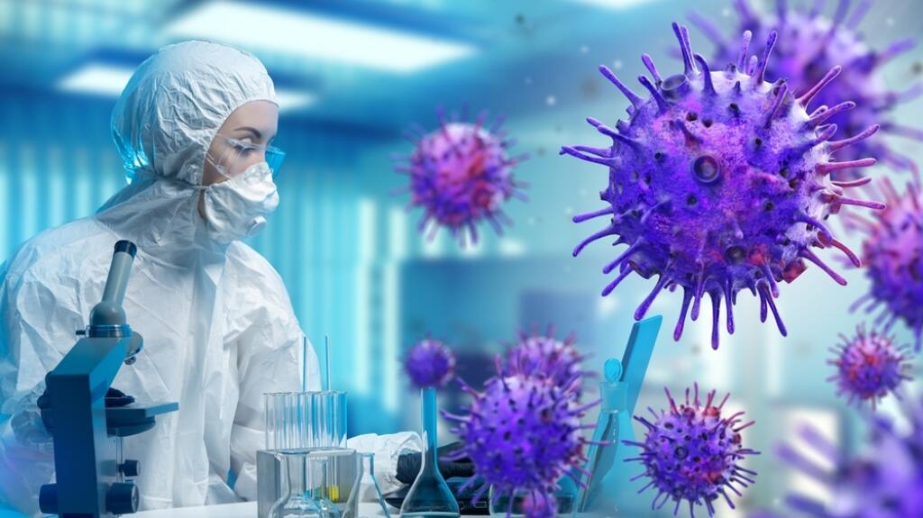 Woman,Virologist.,Woman,In,Chemical,Protection,Suit,Near,Virus,Bacteria.