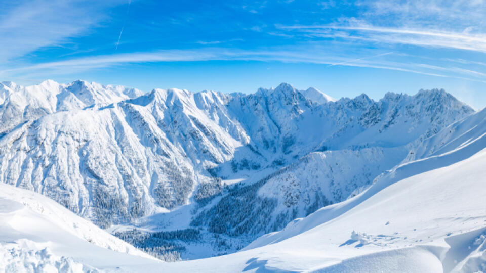 Wide,Panoramic,View,Of,Winter,Landscape,With,Snow,Covered,Alps