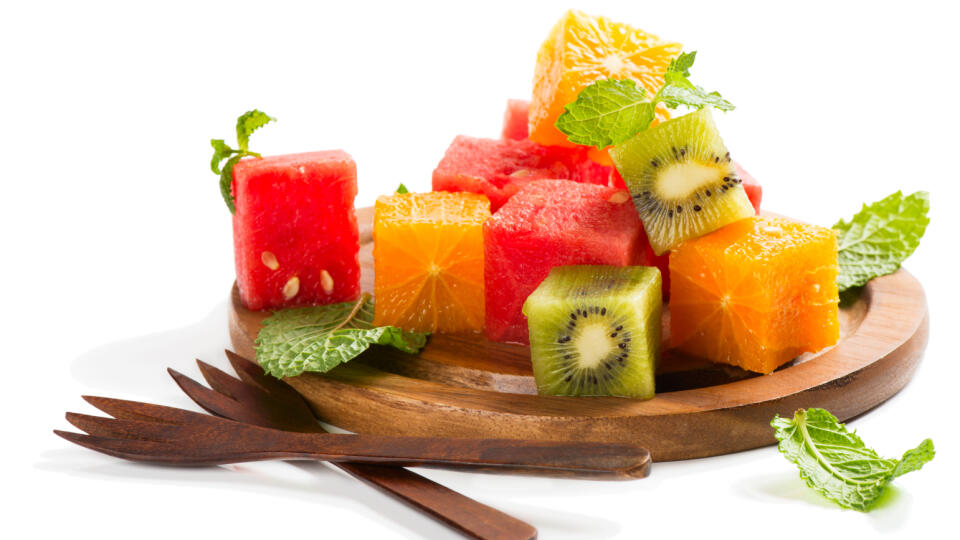 Fruit,Salad,With,Watermelon,,Oranges,And,Kiwi,Isolated,On,White