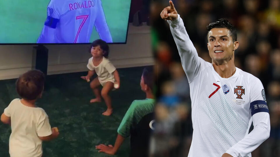 Cristiano Ronaldo strieľa góly a jeho deti sa radujú.