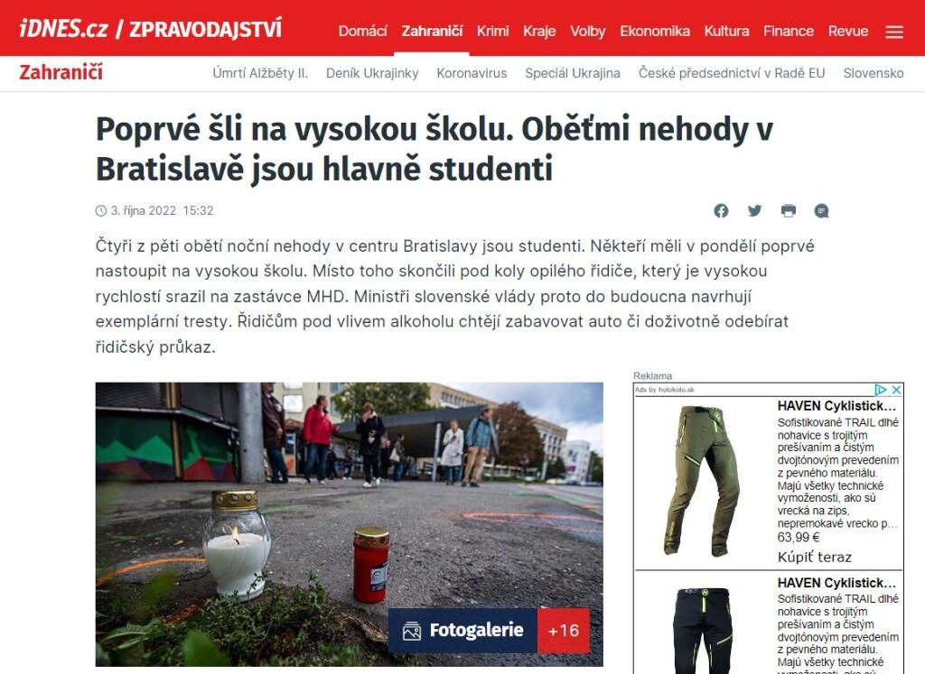 Takto reagovali na tragickú nehodu na Zochovej v Bratislave médiá v Česku.